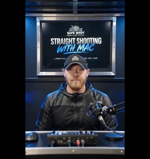 Garrett seated at the Straight Shooting with Mac podcast desk