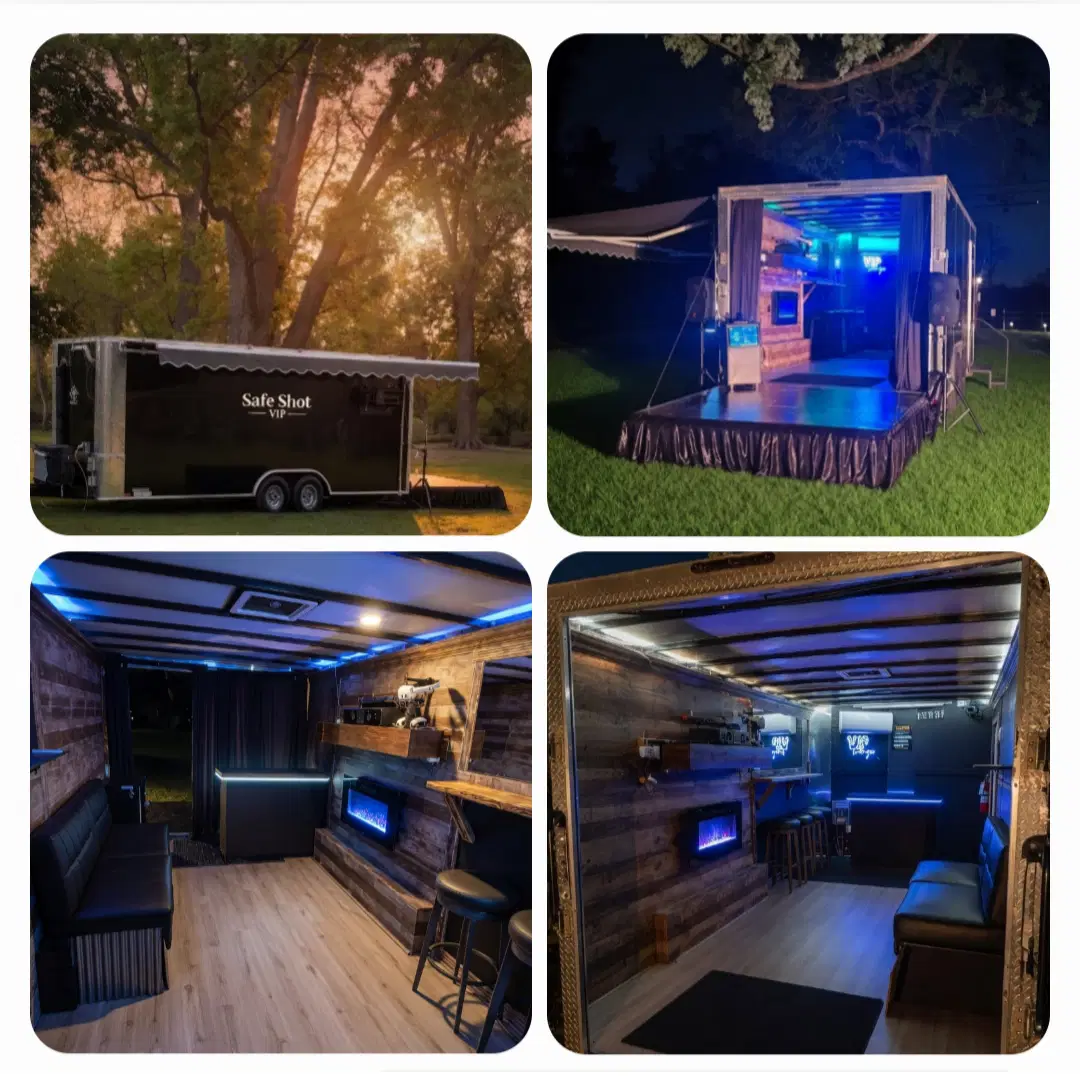 Four views of the Safe Shot VIP Mobile Lounge, including the mobile trailer exterior, outdoor setup, and wood-paneled podcast interior